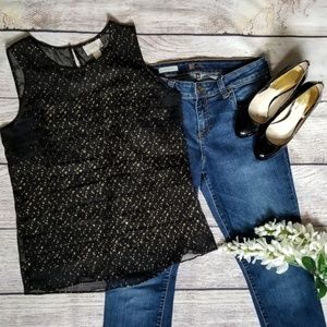 LOFT Sheer Black and Gold Ruffle Blouse
